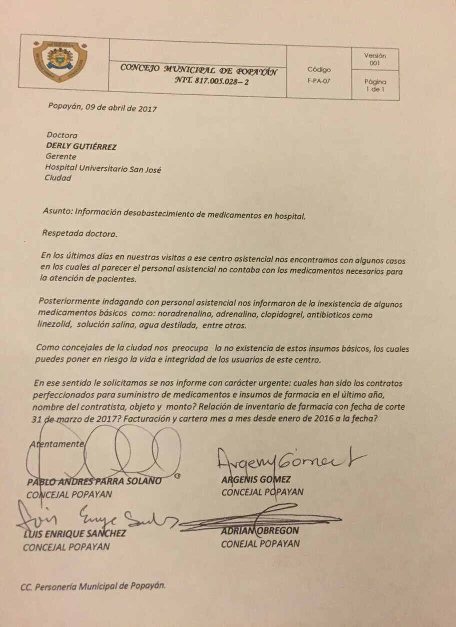 Carta de concejales enviada a Hospital